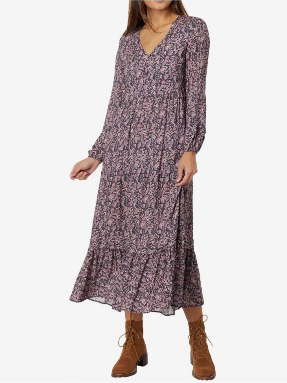 Faherty Isabella Long Sleeve Maxi Dress Navy and Purple Paisley